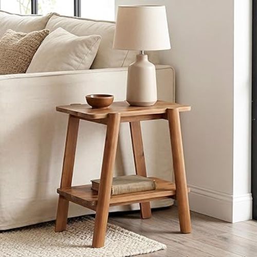 LITTLE TREE Solid Wood End Tables, Narrow 2-Tier Side Table for Small Spaces, Farmhouse Bedside Table Nightstands with Storage for Bedroom, Living Room, Rustic Brown(1 Piece)
