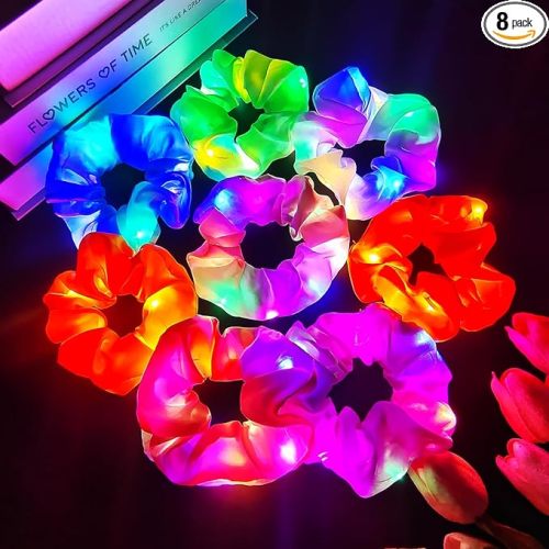 8 PCS Light up Scrunchies for Girls, Glow in the Dark Party Supplies, 3 Glow Mode Satin Scrunchy, Hair Accessories for Birthday Party, Rave Party, Festival & Sleepover Party