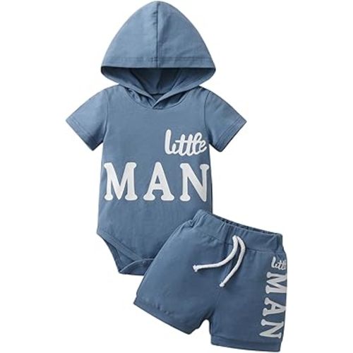 Newborn Infant Baby Boy Clothes Summer Short Sleeve Hooded Letter Print Romper Tops Shorts Outfits Set
