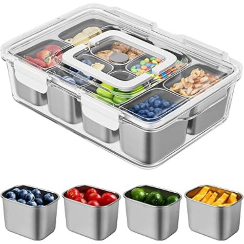 Snackle Box Container, Stainless Steel Divided Serving Tray with Lid and Handle, 8 Compartment Portable Snack Platters - Clear Storage Organizer for Fruit Candy Nuts Veggie - Perfect for Travel Party