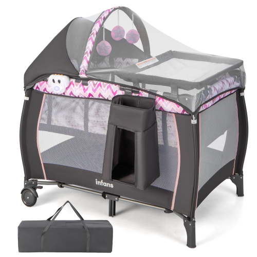 OLAKIDS 4 in 1 Pack and Play, Portable Travel Baby Playard with Bassinet, Changing Table, Canopy, Mosquito Net, Hanging Toys, Music Box, Storage Bag, Large Playpen from Newborn to Toddlers