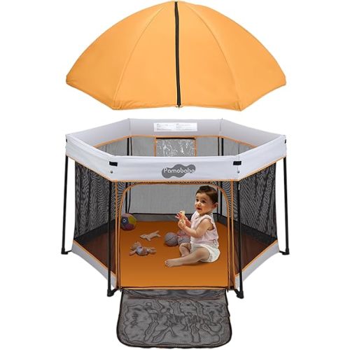 Pamo Babe Pop UP Playpen with Sun Protection Canopy - Outdoor & Indoor Play Yard for Babies and Toddlers - Baby Beach Tent with Zipper Gate, Orange