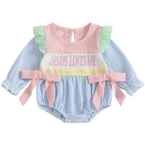 Newborn Baby Girl Fall Clothes Jesus Loves Me Embroidery Bubble Romper Striped Long Sleeve Bodysuit Baptism Outfit