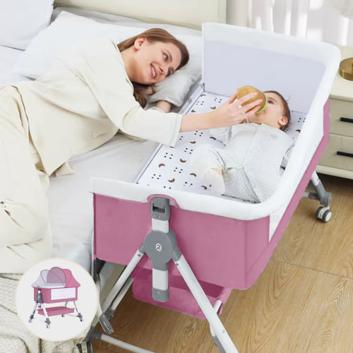 MONEHANE Baby Bassinet, 4 in 1 Infant Bedside Crib with Storage Basket and Wheel &Changing Table, Adjustable Infant Cradle, Pink
