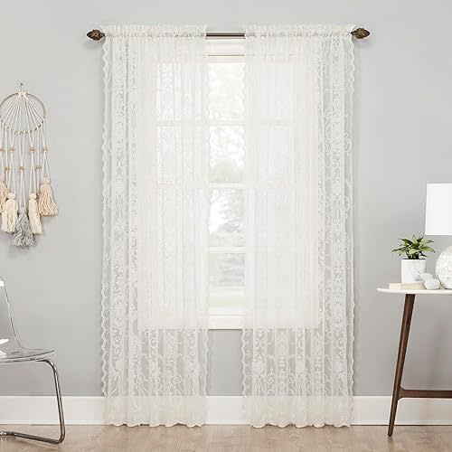 No. 918 Ariella Floral Lace Sheer Rod Pocket Curtain Panel, 58" x 96, Ivory
