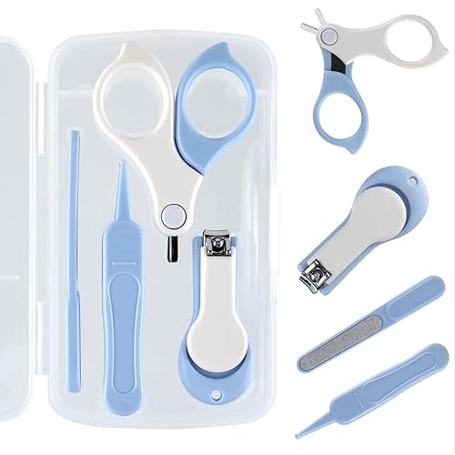 Baby Nail Kit, Baby Manicure Kit and Pedicure kit with Baby Nail Clipper, Scissor, Baby Nail File & Tweezer for Newborn, Infant & Toddler, Perfect for Mothers Day Gifts(Blue&White)