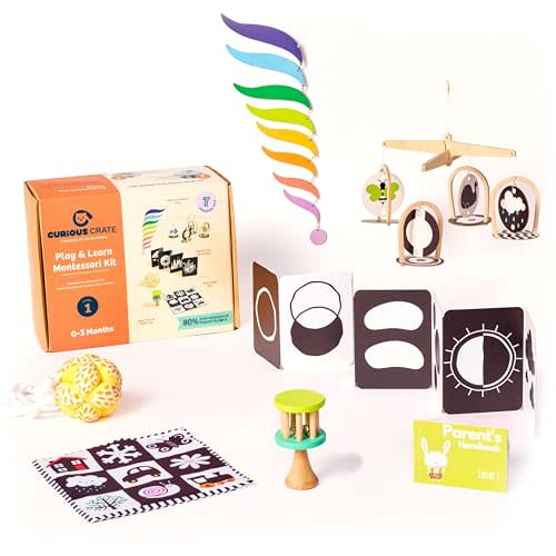 CURIOUS CRATE Montessori Toys Box for Newborns | 6 in 1 Sensory & Developmental Toys – Black & White Mobile, High Contrast Cards, Color Mobile | Early Learning Toy Set & Gifts for 0-3 Months