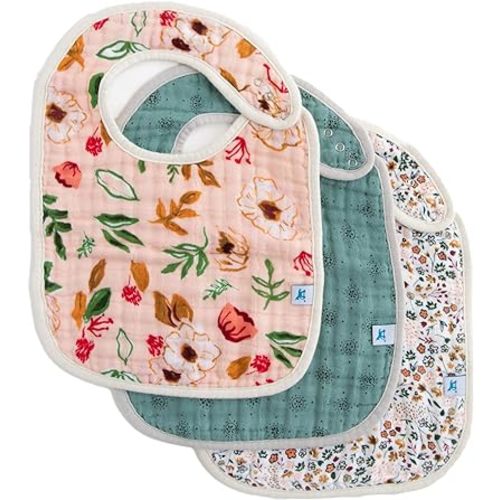 Little Unicorn Cotton Muslin Classic Bib 3 Pack– 100% Cotton – Machine Washable - Softer with Every Wash – Playful Designs - 3 Lightweight, Breathable Layers – for Boys and Girls (Vintage Floral Set)