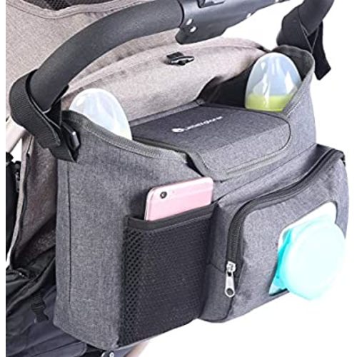 LittleXplorer Baby Stroller Organizer: Diaper Caddy - Extra Stroller Cup Holders - Wet Wipes Dispenser Pocket - Changing Pad and Toy Storage - Attaches to Single, Double, Jogging or Umbrella Stroller
