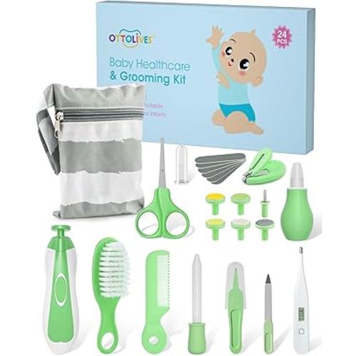 OTTOLIVES Baby Healthcare and Grooming Kit, 24 in 1 Baby Electric Nail Trimmer Set Newborn Nursery Health Care Set for Newborn Infant Toddlers Baby Boys Girls Kids (0-3 Years+) (Green)