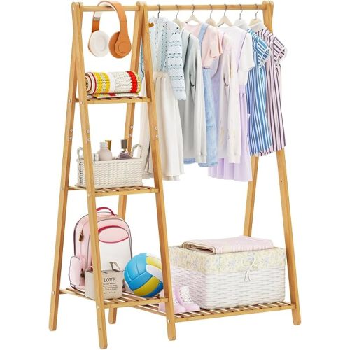 Small Clothes Racks,Kids Clothes Hanging Rack, Bamboo Wood Clothing Garment Rack with Shelves, Free Standing Corner Dress Costume Rack for Small Place,Bedroom,Bathroom, Portable