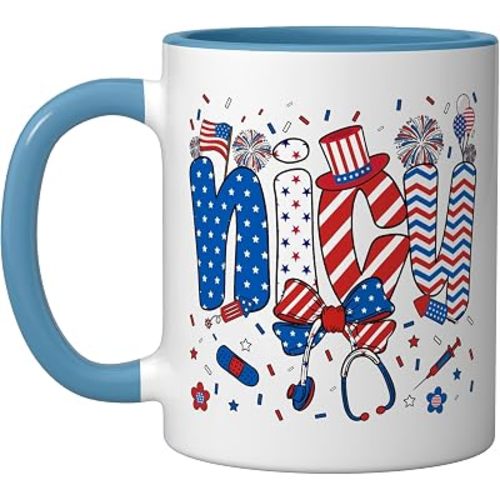 NICU 4th Of July American Patriotic Ceramic Mug, Blue/White