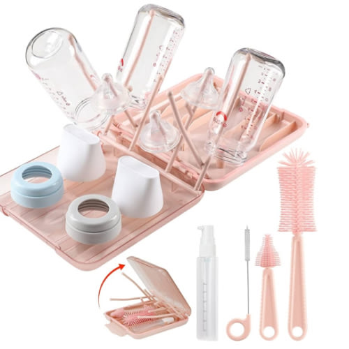 6 in 1 Baby Bottle Cleaner Set with Drying Rack,Silicone Baby Bottle Brush,Straw Brush,Nipple Brush,Soap Dispenser and Storage Box, Portable Baby Essentials for Home&Travel(Pink)
