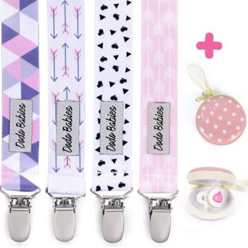 Dodo Babies Pacifier Clip By Pack Of 4 + Pacifier Case, Premium Quality For Girls Modern Designs Universal Holder