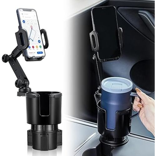 This Hill Car Cup Holder Expander Adjustable Base with Phone Mount 360° Rotation Cup Holder Cell Phone Holder for Car Compatible with iPhone All Smartphones