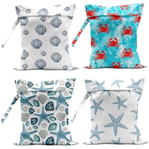 4Pcs Waterproof Wet Bag for Swimsuit, Travel Beach Wet Dry Bag, Hidden Zipper Reusable Shell Starfish Crab Decor, for Travel Beach Wet Swimsuits Toiletries Diapers Laundry Bag