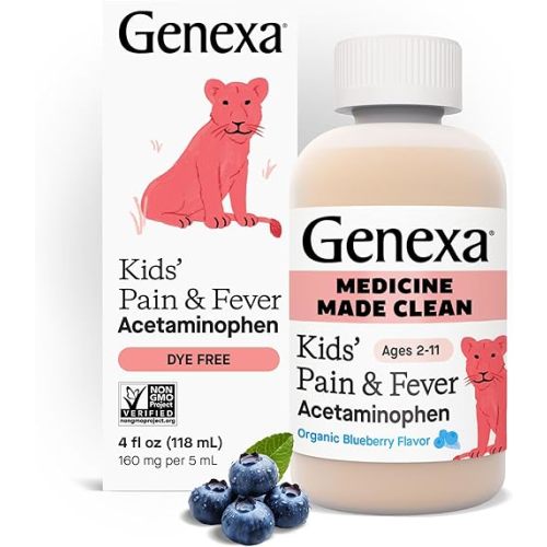 Genexa Kids’ Clean Pain & Fever Acetaminophen, Dye Free, 0% Artificial Additives, Delicious Organic Blueberry Flavor, Liquid Oral Suspension Medicine for Children 2-11, 160 mg per 5mL, 4 fl oz