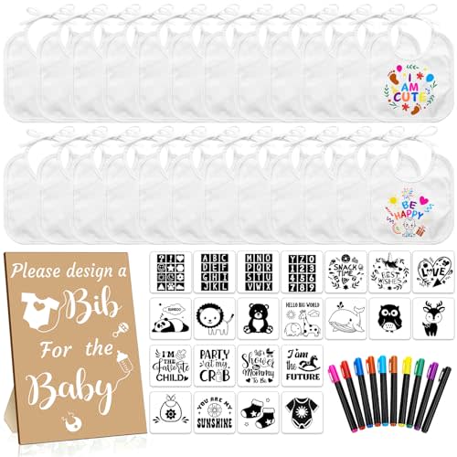 Newwiee 55 Pcs White Bibs for Baby Decorating Design a Bib Decorate Plain newborns Bibs Wooden Sign for Baby Shower Games Kit