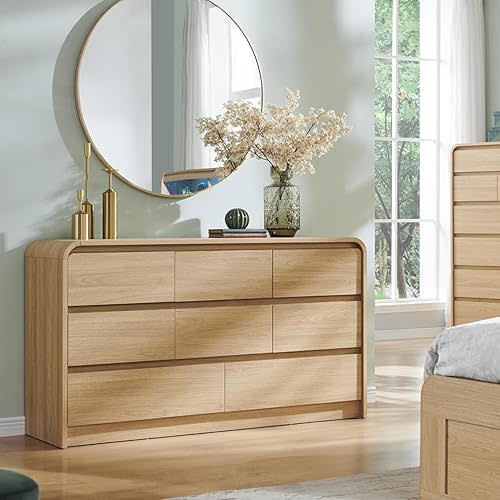 Aitjunz Modern 8 Drawers Dresser for Bedroom, 55" Wide Dressers & Chest of Drawers w/Curved Profile Design, Wood Mid Century Storage Dressers Organizer for Bedroom, Living Room, Natural Oak