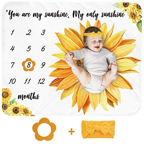 Tebaby Baby Monthly Milestone Blanket Girl - Sunflower Newborn Month Blanket Personalized Shower Gift Floral Nursery Decor Flower Photography Background Prop with Frame Headband Large 51''x40''