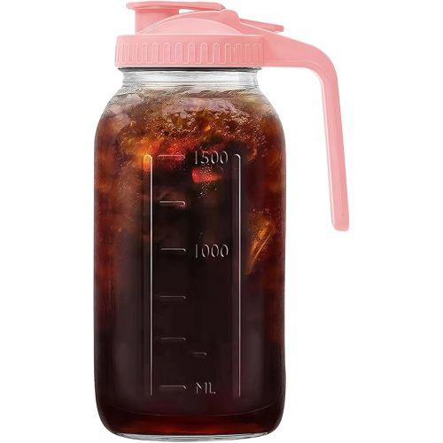 64oz Glass Pitcher with Handle and Lid, 2 Quart Mason Jar Pitcher - Airtight & Leakproof Water Jug with Pour Spout Lid, Glass Containers for Fridge, Perfect for Juice, Cold Brew, Iced & Sun Tea