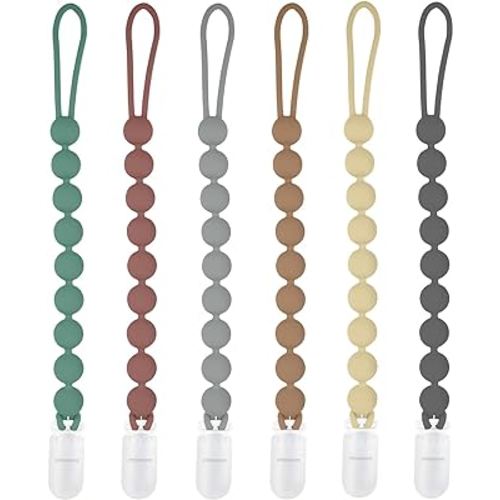 Silicone Pacifier Clip Holder, 6 Pack One Piece Soft Flexible Binky Clips Pacifier Holder Clip for Boys and Girls, Fits Most Pacifiers, Birthday Christmas Shower Gift,Baby Essentials