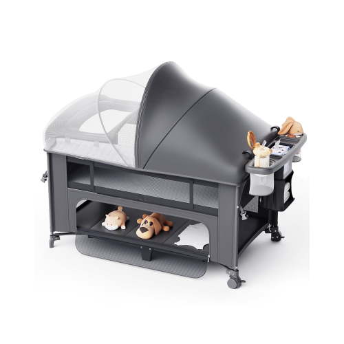 Babyomi 4 in 1 Baby Bassinet with Diaper Changer, Long Next to Bed Crib with Mattress,Height Adjustable,Pack and Play,Bedside Crib Sleeper, Gray