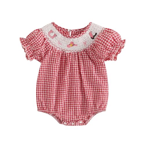 Baby Girl Smocked Western Romper Short Sleeve Bubble Rompers Summer Clothes Plaid Print Embroidery Bow Bodysuit Tops