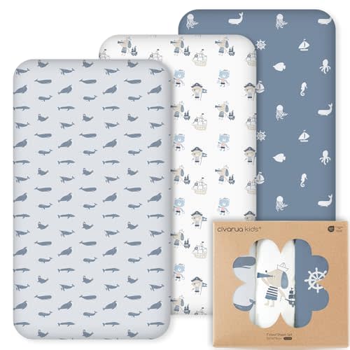 Nap Mat Sheet 47"x24", 3 Pack Blue Ocean Sailor Baby Crib Sheets Fitted Elastic Corners, Preschool Day Care Rest Mat Cover, Soft Breathable - Compatible with Regalo My Cot, Joovy Travel Cot