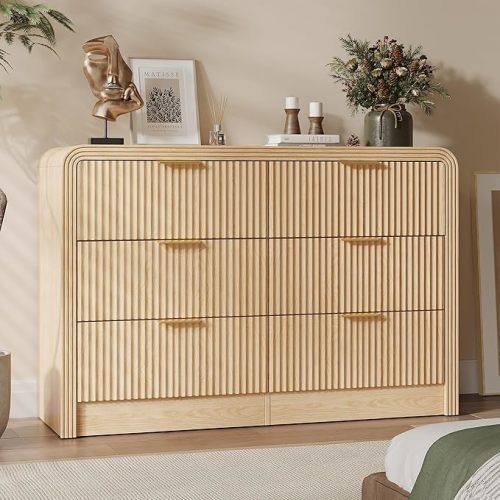 Decofy 47" W Fluted 6-Drawer Dresser for Bedroom, Natural Oak