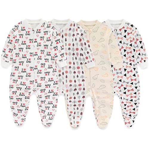 Newborn Baby One-Piece Footies Romper 2-Way Zip Cotton Bodysuit Long-Sleeve Jumsuit 4-Pack, 0-12 Months