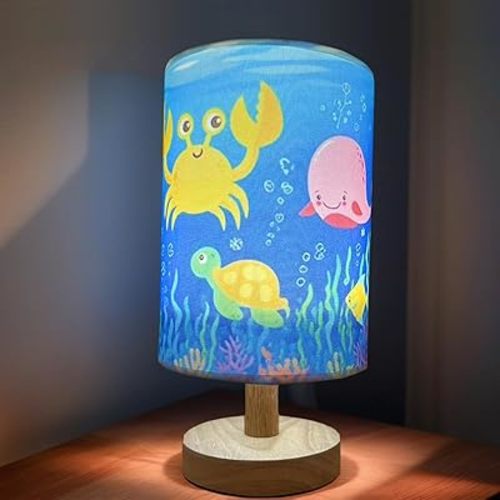 Ocean Lamp, Ocean Lamps for Bedrooms, 3 Level Dimmable Wood Nightstand Desk Base Flaxen Fabric Shade for Bedroom Living Room, Gifts for Sea Lovers