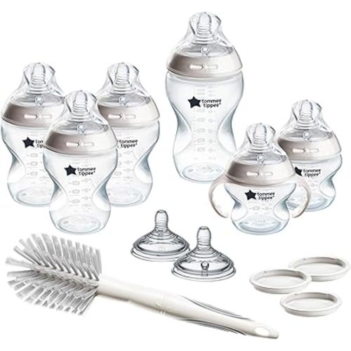 Tommee Tippee Natural Start 12 Piece BPA Free Bottle Set, Includes 2 x 5 oz, 3 x 9 oz, 1 x 11 oz Bottles, Newborn 0+ Months, Slow, Medium & Thicker Flow Breast-Like Nipples, Cleaning Brush, Clear