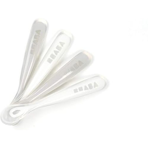 BEABA First Stage Baby Feeding Spoon Set, THE ORIGINAL Soft Tip Silicone Spoons for Babies, Gum Friendly BPA Lead Phthalate and Plastic Free, Great Gift Set (4 Pack), Cloud