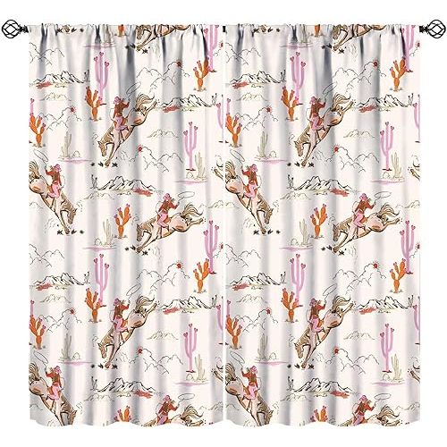 Western Cowgirl Curtains Wild West Desert Horse Pink Cactus Cartoon Abstract Art Bedroom Living Room Bathroom Blackout Rod Pocket Decoration Window Drapes 2 Panels W21xL54in