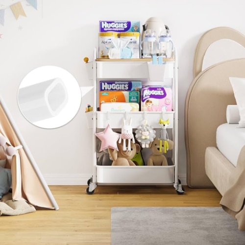 3 Tier Rolling Cart Metal with Wheels and Bamboo Table Top, Art Cart Organizer on Wheels, White Three Tiered Storage Utility Carts for Craft, Baby, Diaper Caddy,Coffee,Kitchen,Cleaning,Office Supplies