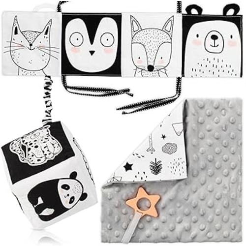 The Ultimate Tummy Time Toys Set of 3 - Soft High Contrast Book, Toy Block, Crinkle Paper and Teether - Stimulating Black & White Sensory Development Toys for Newborns & Infants 0-3, 0-6 Months