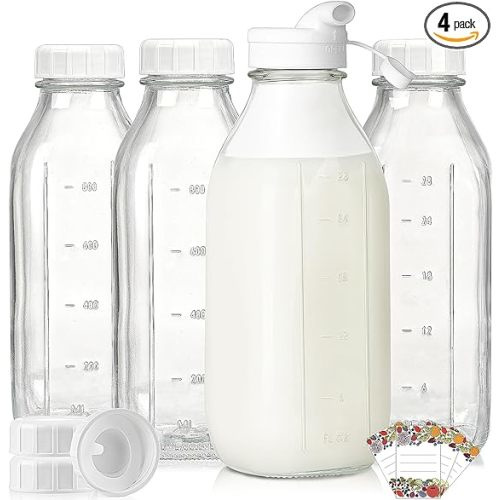Liter Glass Milk Bottles w Scale, 100% Airtight Heavy Duty Screw Lid - 4 Pack 32 Oz Drinking Jars w Lids - Glass Bottles for Milk, Honey, Jam - Dishwasher Safe(Extra 2 Lids and 1 Pour Spout)