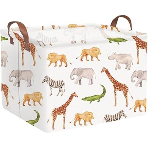 FXOLCSHE Rectangular Baby Storage Basket,Animal nursery basket,Collapsible waterproof woodland jungle storage box,Toy Gift Organizer,Books Shelf Basket(Wild animals)