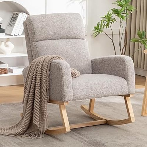 Rocking Chair Nursery, Sherpa Nursing Rocking Chairs, Upholstered Nursery Glider Rocker with Side Pocket for Living Room,Bedroom,Teddy Light Grey