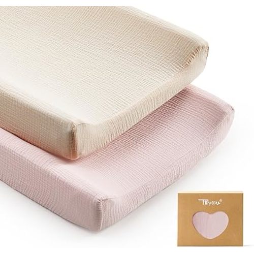 TILLYOU Muslin Changing Pad Cover for Baby Girls Boys, Soft and Breathable Cotton Diaper Changing Table Cover, 2 Pack(Pink&Apricot)