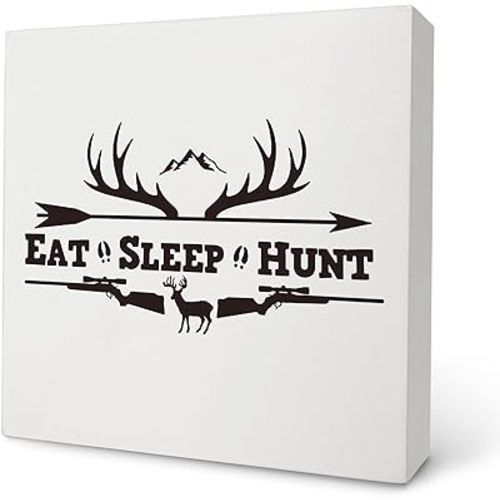 Knibeo Eat Sleep Hunt Wood Box Sign Decor,Gifts for Deer Hunters Men,Rustic Camping Hunting Wooden Block Plaque Box Sign For Home RV Camper Campsite Cabin Wall Tabletop Desk Decorations