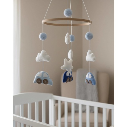 Cute Blue Car & Star Baby Felt Mobile for Boys – Handmade Nursery Decor by Artparle®
