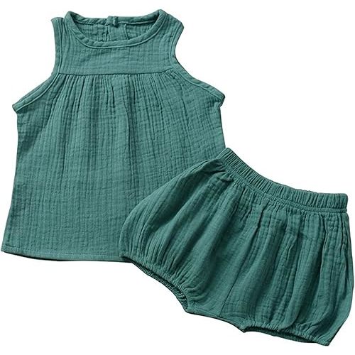 EISHOW Toddlers Little Boys Girls 2 Packs Shorts Set Solid Cotton Linen Sleeveless Sleepwear Tank Tops +Bloomers Outfit