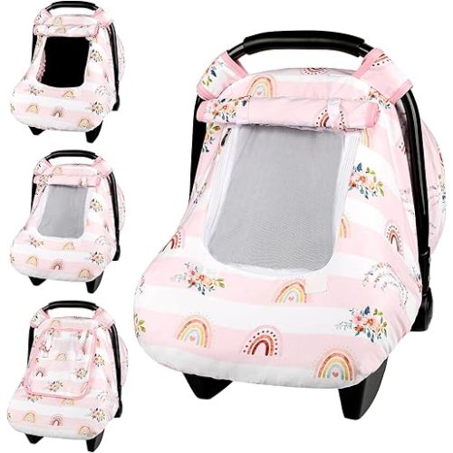 Pea Pod Car Seat Cover Baby, Infant Car Seat Canopy Covers for Newborn with 2 Layers Windows of Breathable Mesh Fabric, Lightweight Polyester/Soft Minky Dot Backing (Floral & Rainbow)