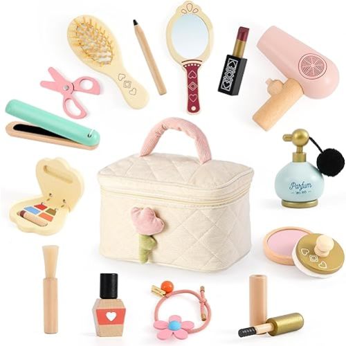 Atoylink Wooden Makeup Toy Set, 15Pcs Hair Salon Girl Toys Toddler Pretend Play Makeup Kit with Plush Makeup Bag Princess Beauty Realistic Accessories for Girls Age 3 4 5 6 Birthday Gifts