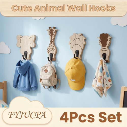 4 Pcs Wood Decorative Wall Hook Creative Kids Wall Hook Practical Cute Towel Hanger for Home Bathroom Bedroom Living Room
