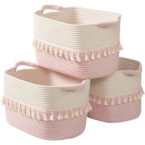 TeoKJ Storage Baskets 3 Packs, Storage Basket for toys,Towel, Storage Bins, Woven Basket for Shelves Bedroom Laundry Nursery, White & Pink