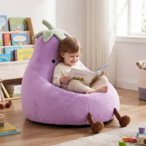 edx Bean Bag Chair for Kids, Soft Faux Rabbit Fur Fabric, Removable Washable Cover, Eggplant Lazy Chair for Bedroom Living Room, 31 Inch, Purple