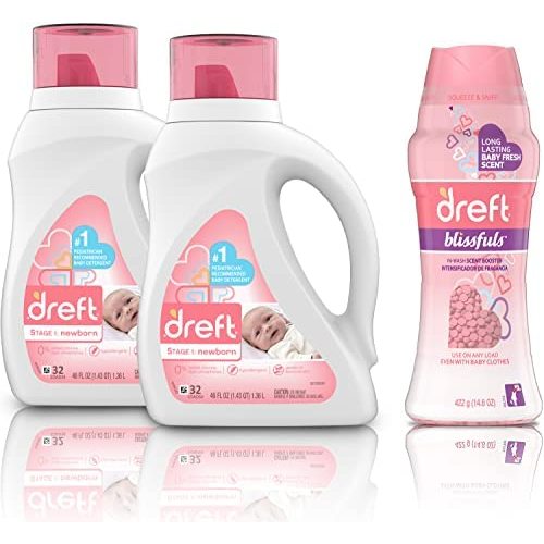 Dreft Stage 1: Newborn Baby Laundry Detergent Liquid Soap (HE), Natural for Baby, Newborn, or Infant, 64 Total Loads (Pack of 2) with Blissfuls Scent Booster Beads for Washer, Baby Fresh, 14.8 Ounce
